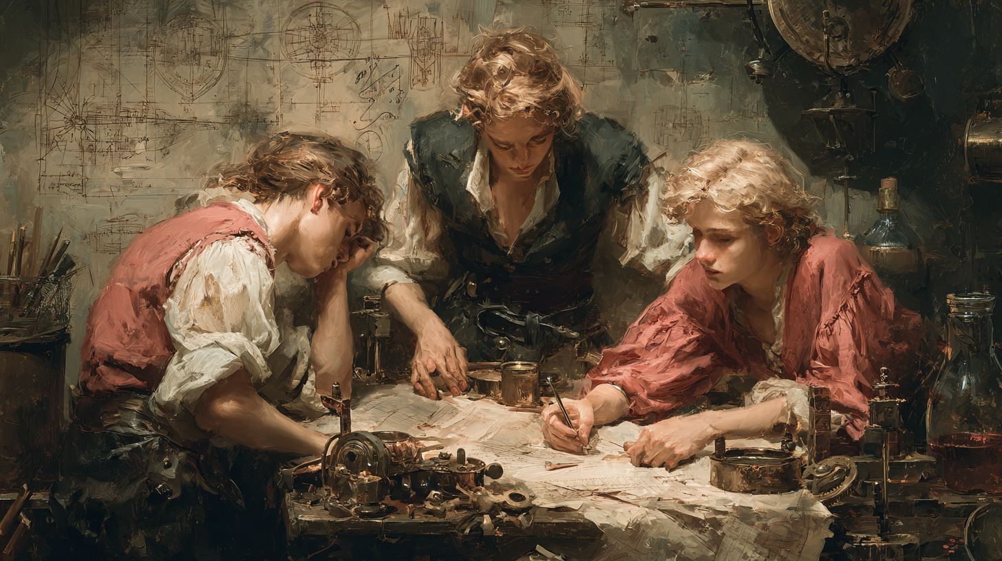 Renaissance painting of three figures working at a table